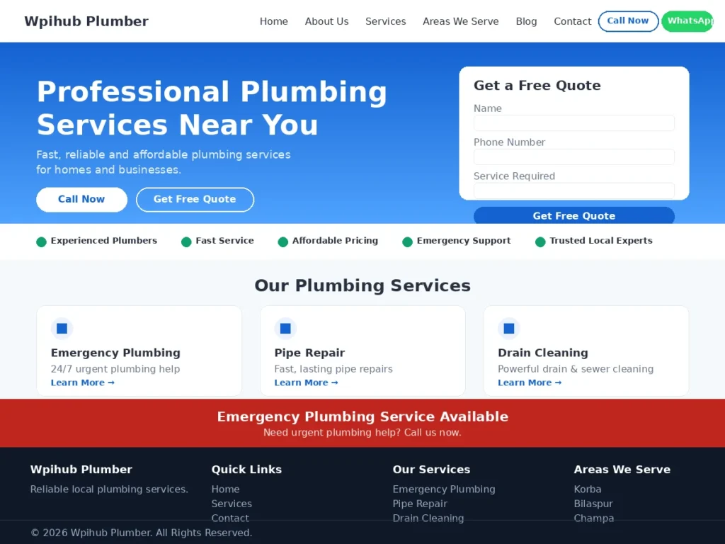 Wpihub Plumber — Professional WordPress Theme for Plumbers & Home Service Businesses